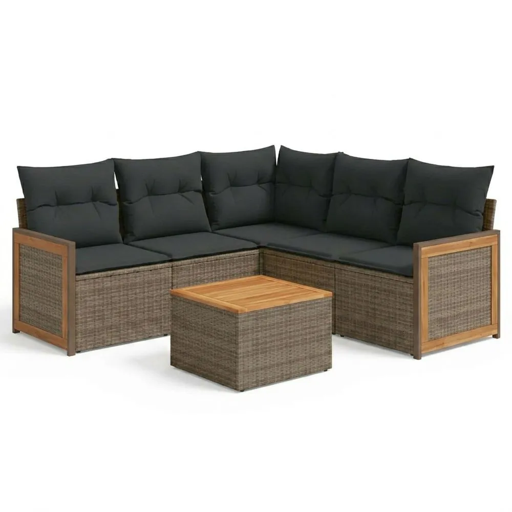 Conjunto de sofás de esquina para exterior de ratán PE marrón cojines negros con mesa de centro