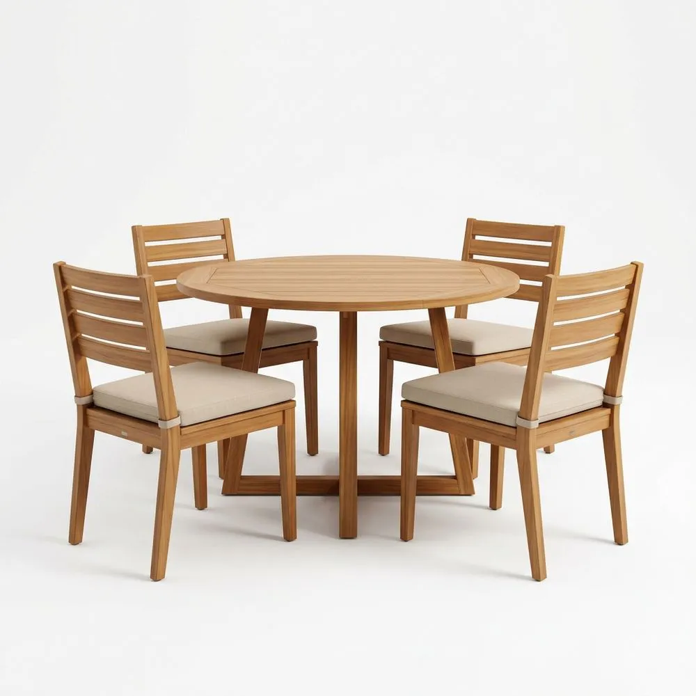 Conjunto de comedor redondo de madera de teca con cojines beige 4 sillas