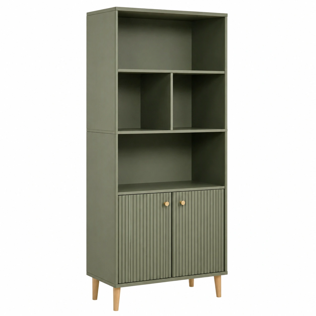 Modern tall olive green shelving unit with fluted doors and open compartments.