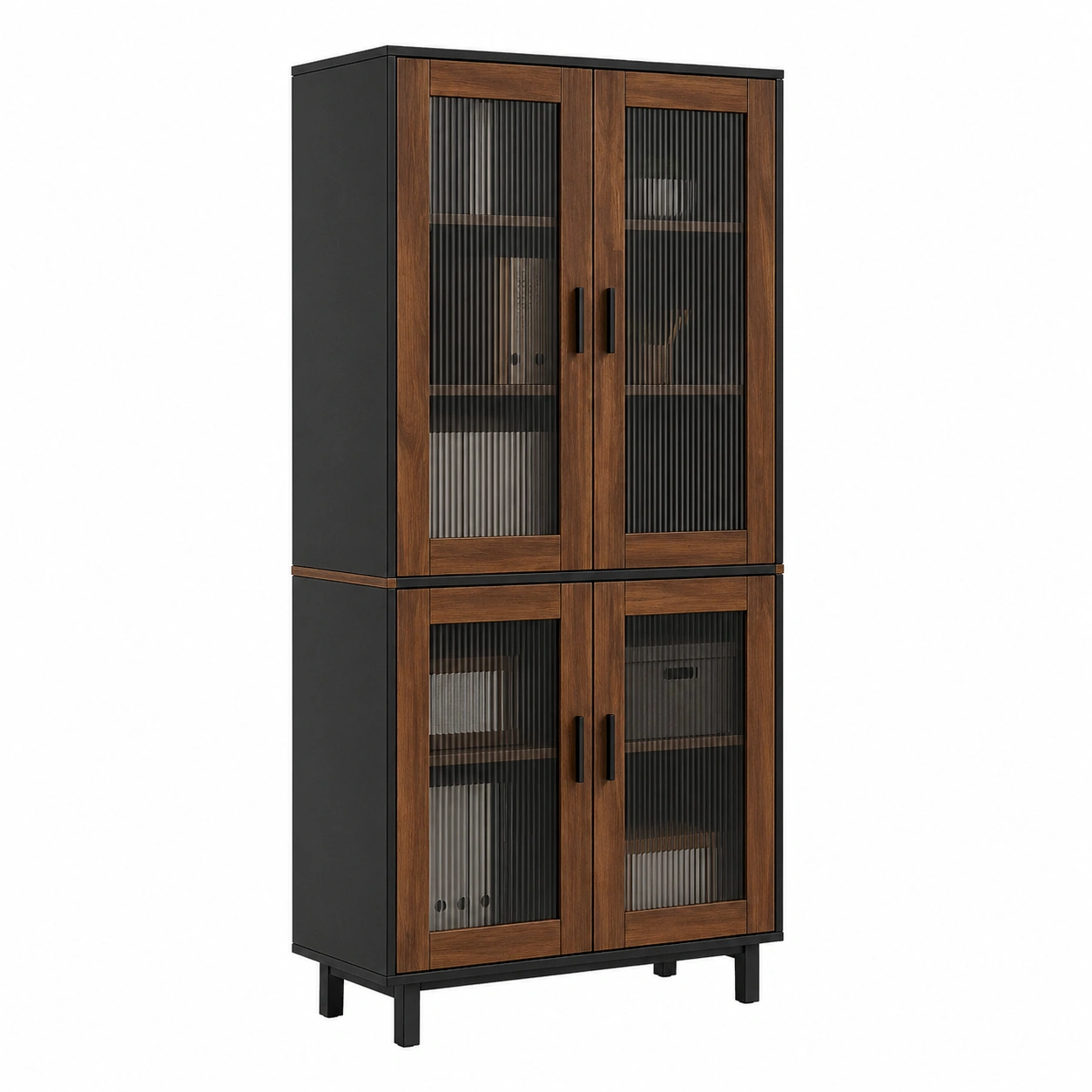 Modern tall cabinet with fluted glass doors and black metal frame.