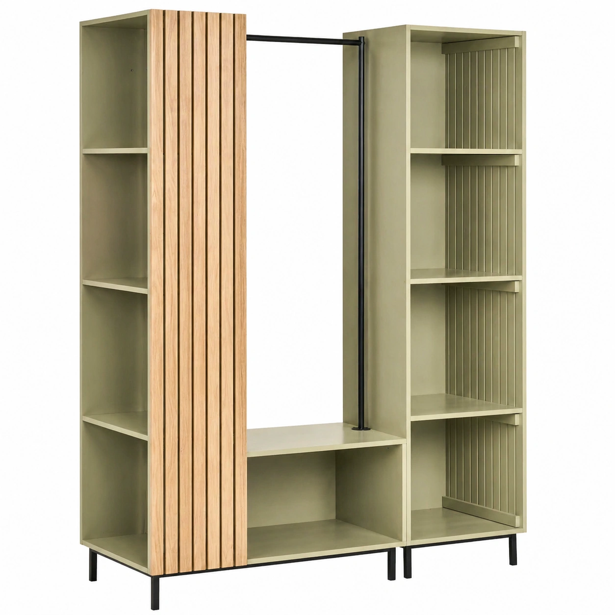 Multifunctional Open Wardrobe with 9 Shelves and Hanging Rail in Olive Green