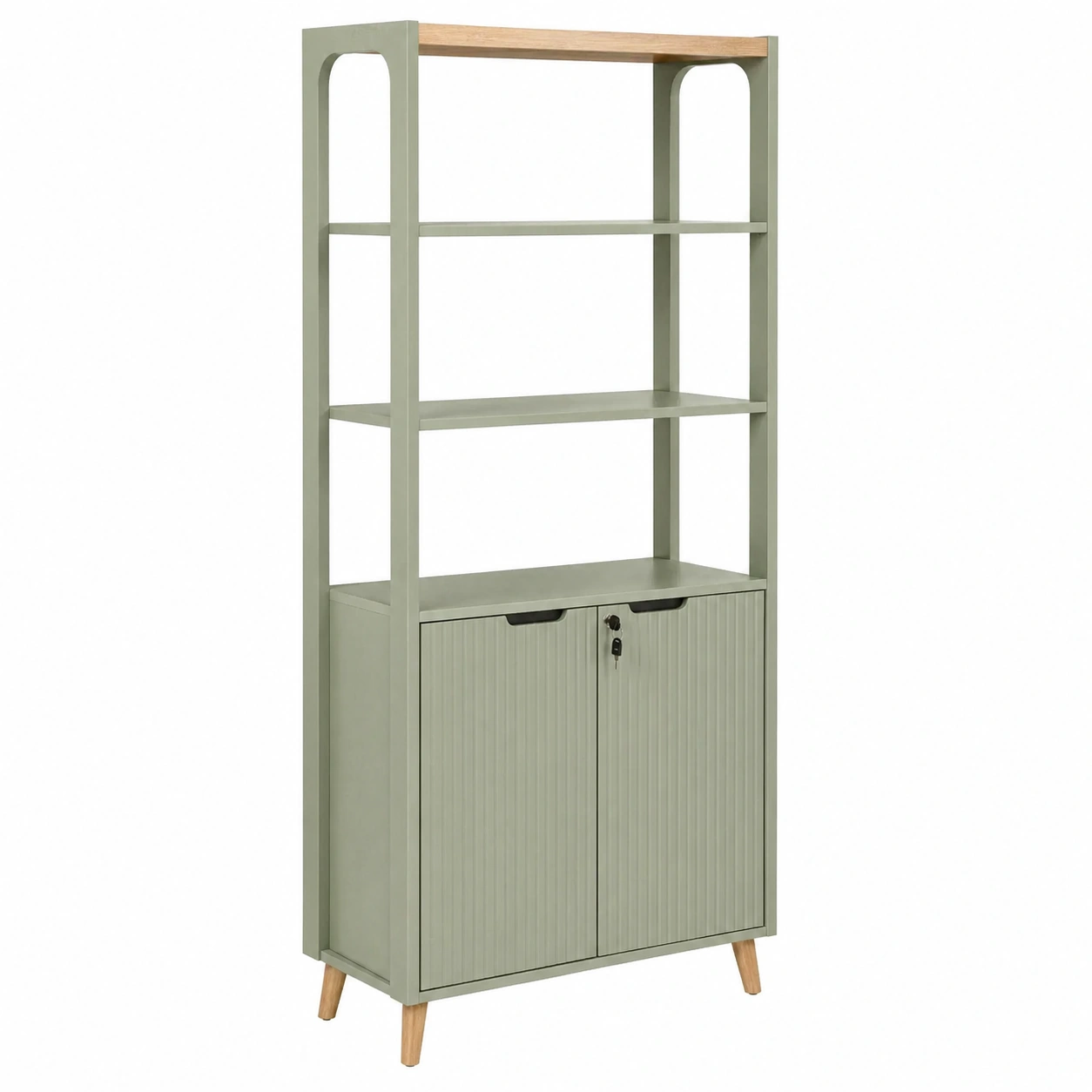Modern Shelving Unit with Lower Cabinet and Fluted Design – Olive Green / Natural Oak