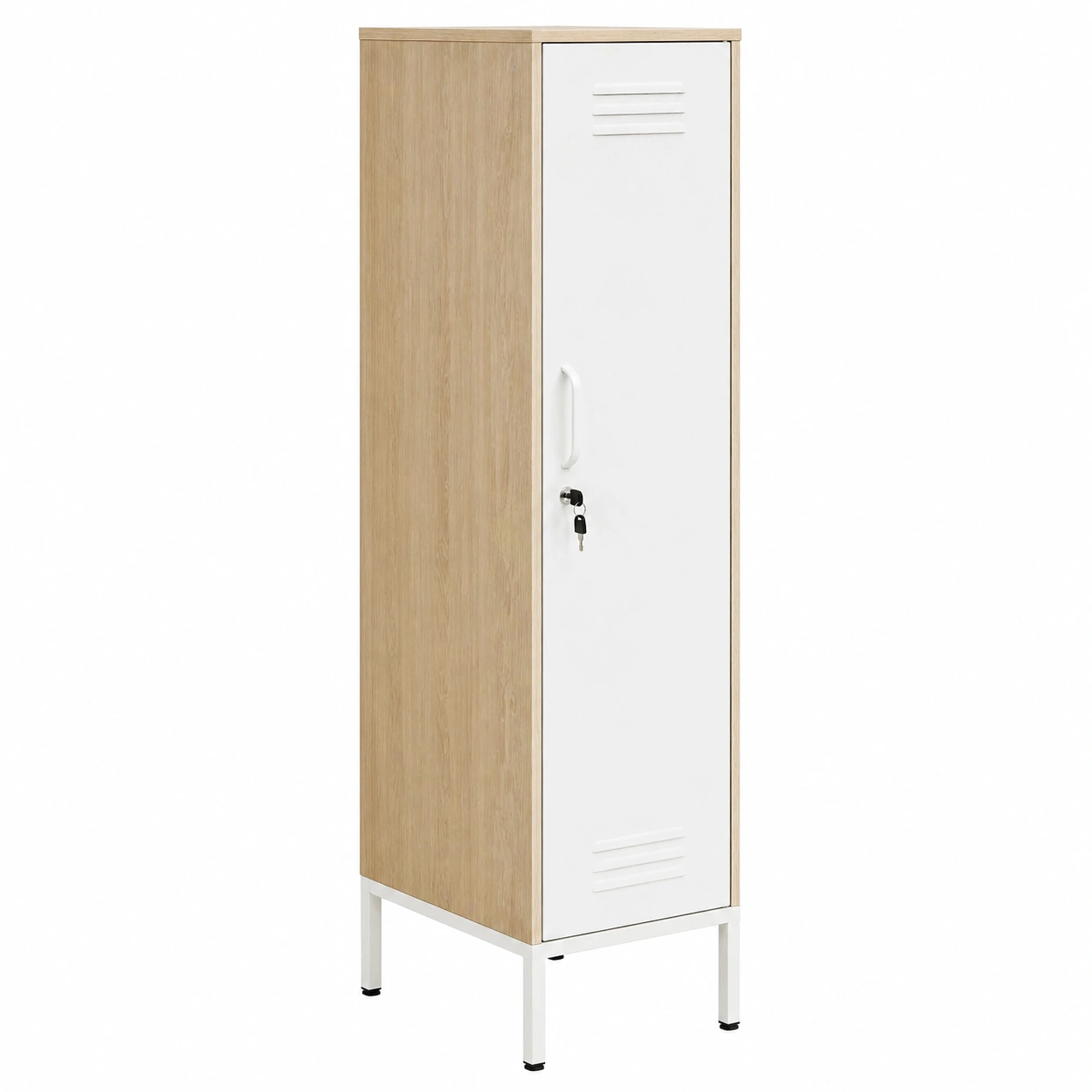 Tall office cabinet with a metal door and a light oak-colored wooden frame.
