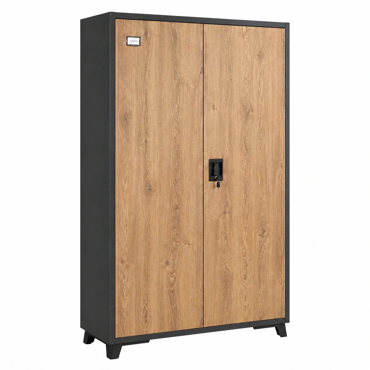 Office cabinet with double doors, natural wood finish, and black metal frame.