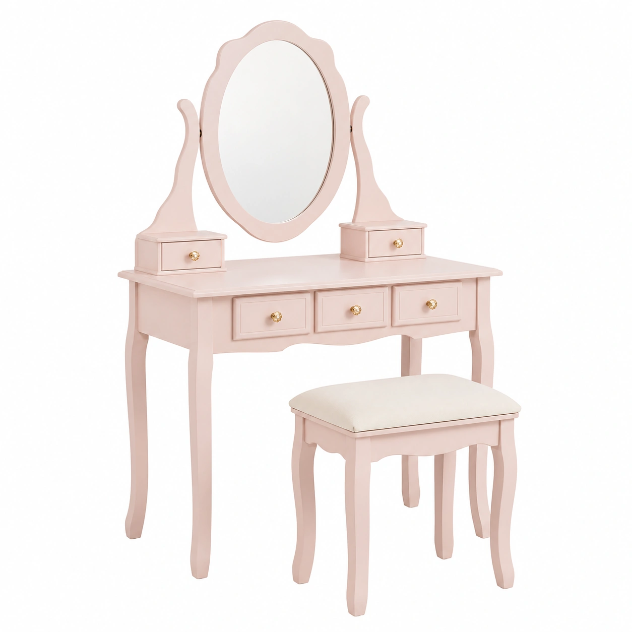 Tocador elegante con espejo ovalado y taburete acolchado estilo clásico moderno rosa claro-orderzivo 