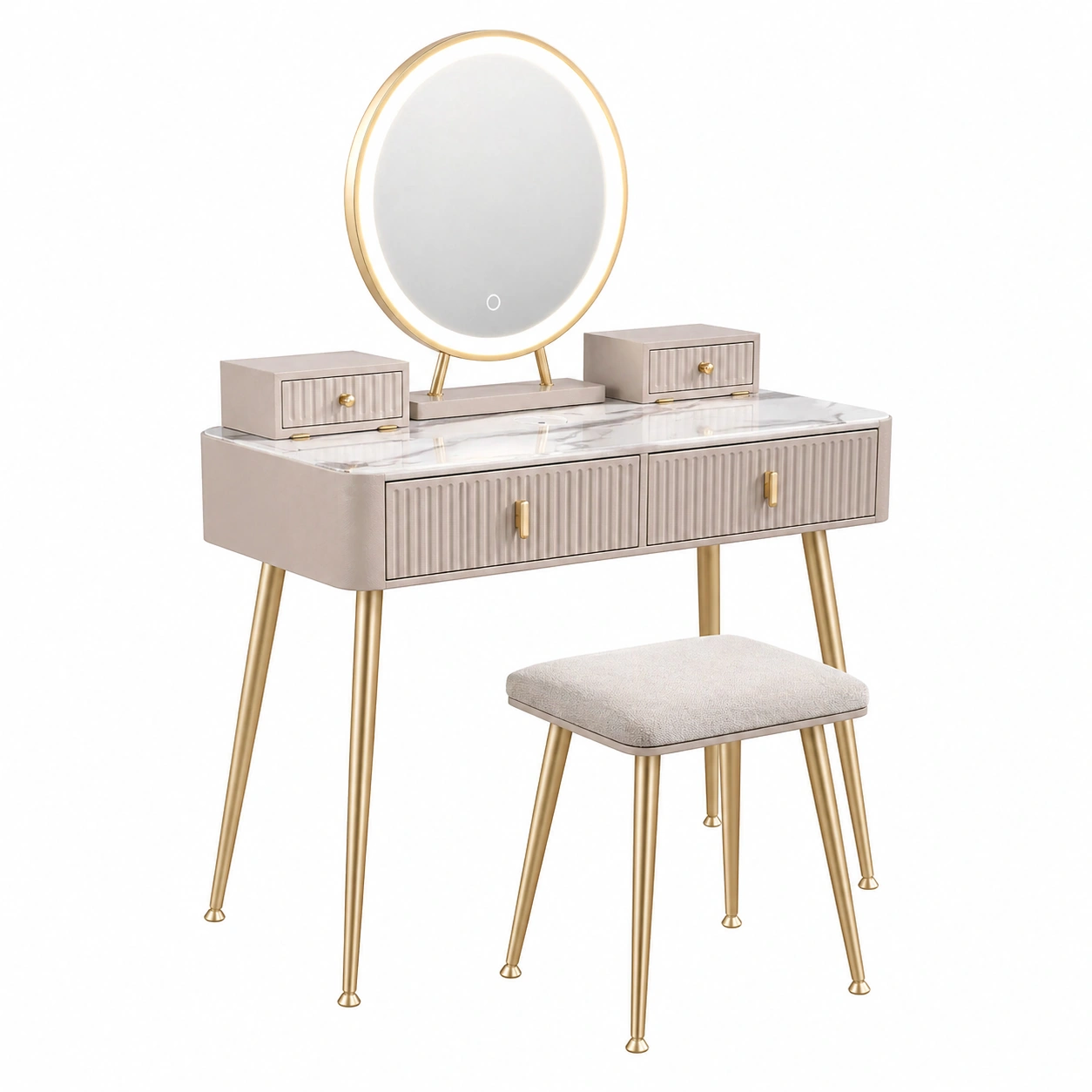 Tocador moderno con espejo LED y taburete tapizado dise?o elegante-orderzivo 