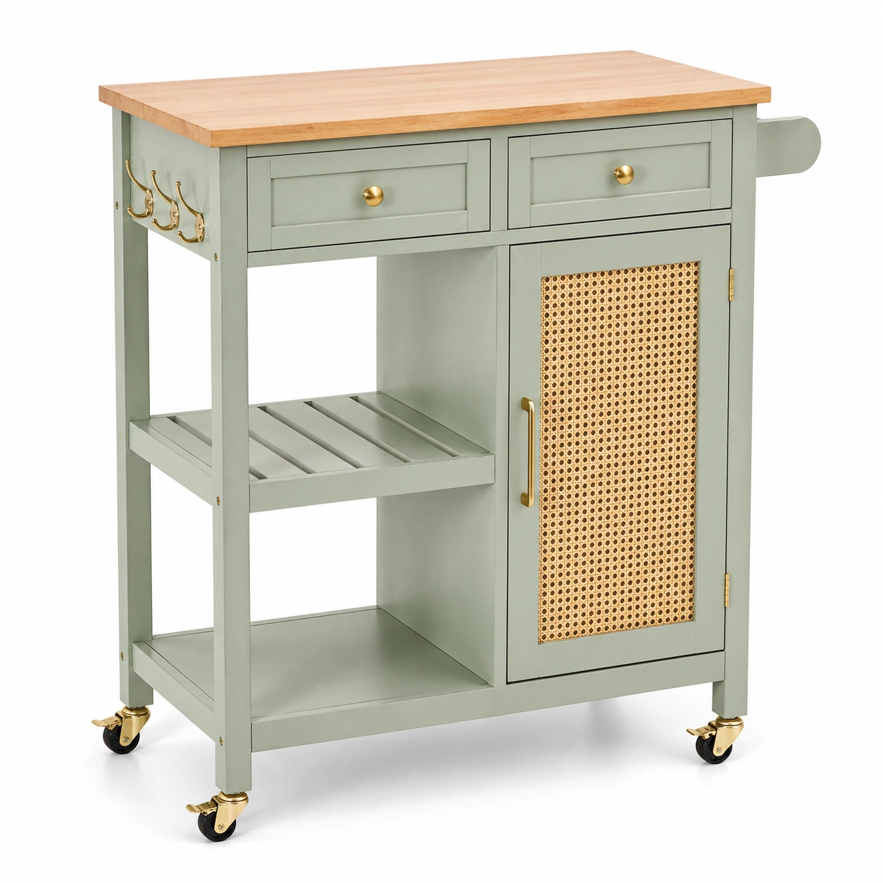 Carrito de cocina multifuncional con puerta de rejilla y encimera de madera verde salvia-orderzivo 