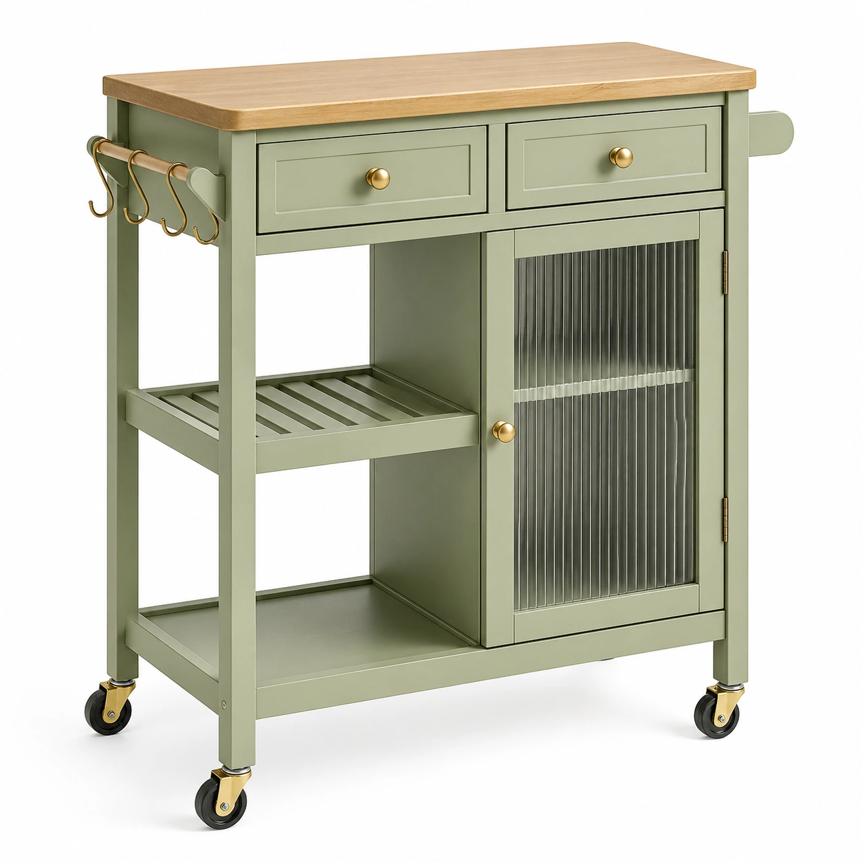 Carrito de cocina multifuncional con cajones y puerta de vidrio estriado en verde oliva-orderzivo 