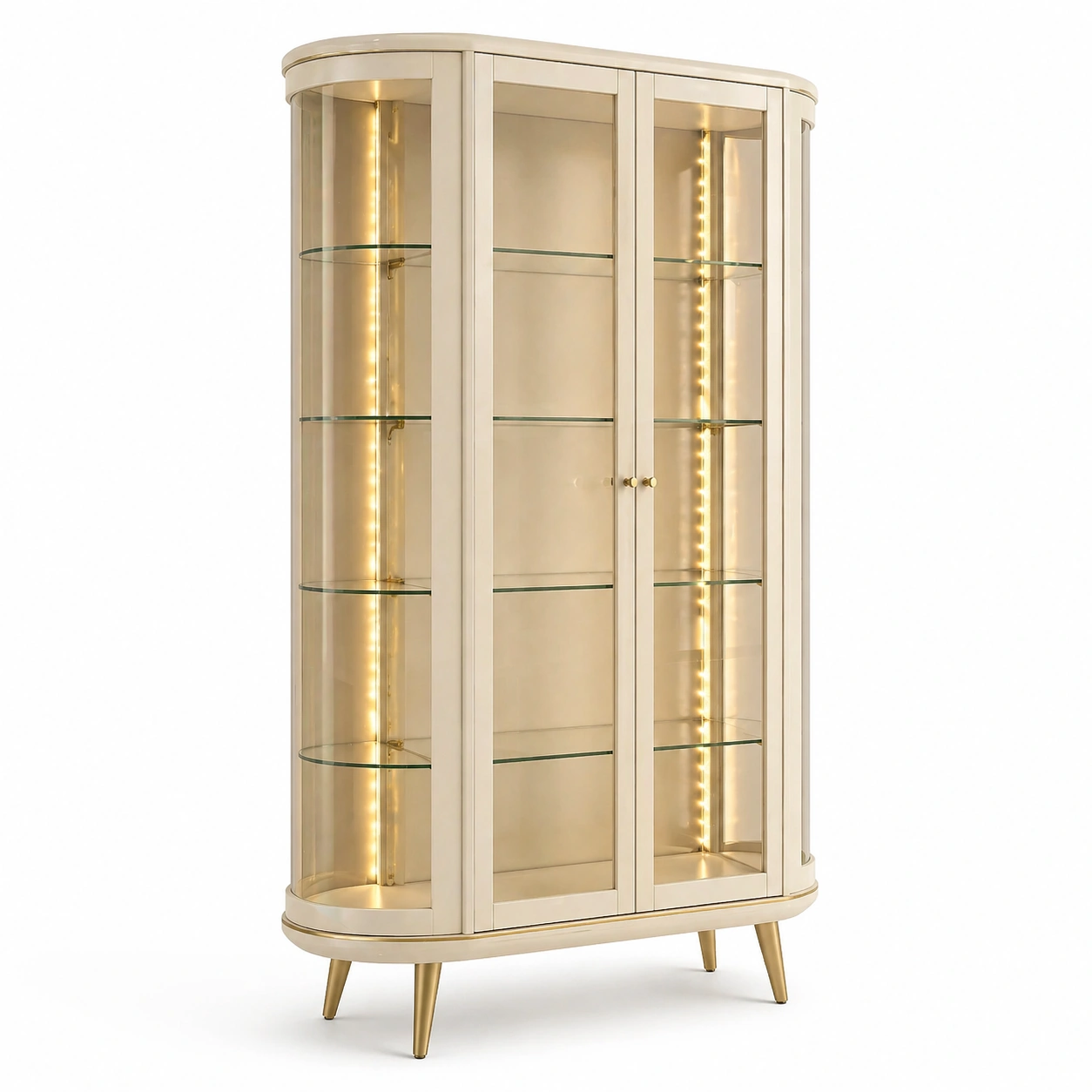 Vitrina moderna con iluminación LED y puertas de vidrio curvo en color crema elegante-orderzivo 
