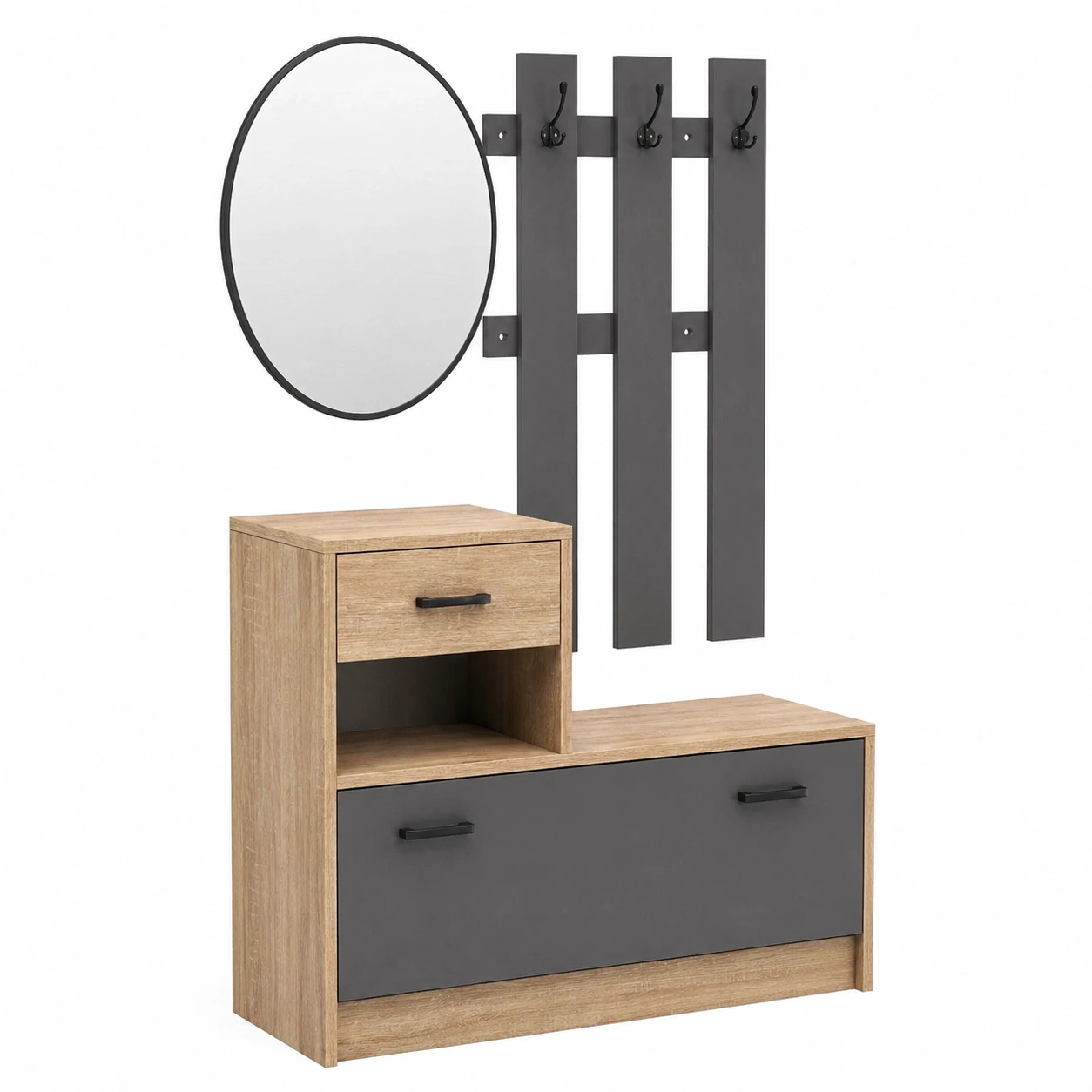 Conjunto de entrada multifuncional con espejo y banco zapatero estilo moderno en madera natural-My Shop