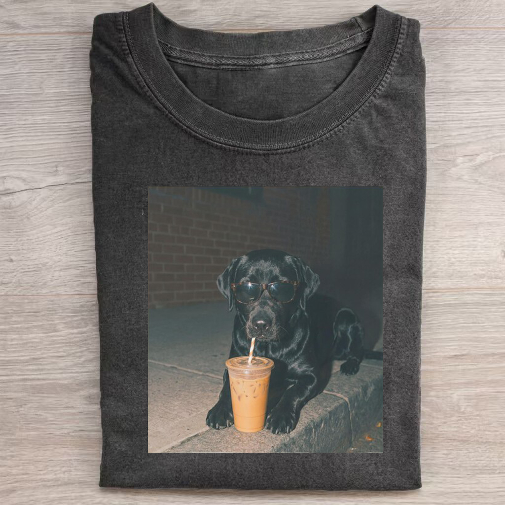 Black Labrador Dog Drinking Iced Coffee T-Shirt