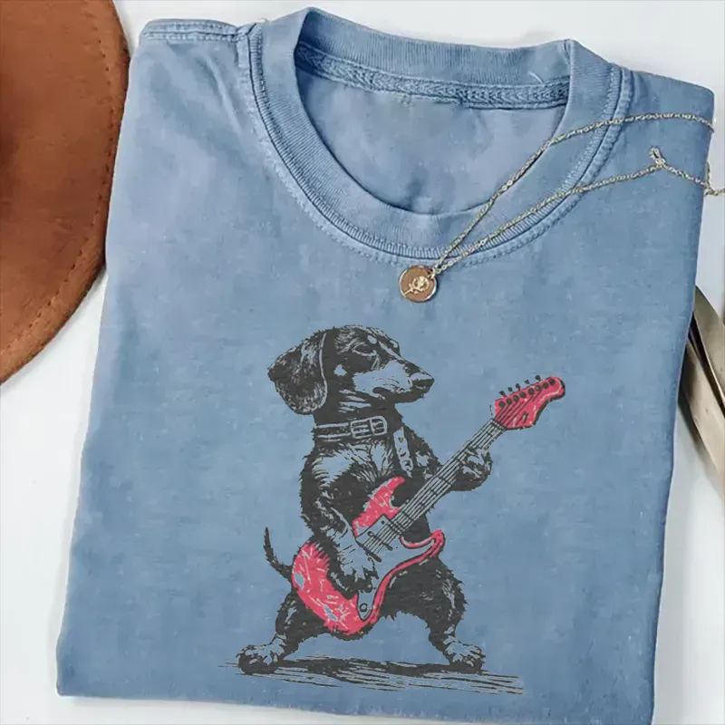 Vintage Dachshund Weenie Playing Guitar T-shirt Vintage Washed DTG Graphic Tee | ZalleStudio