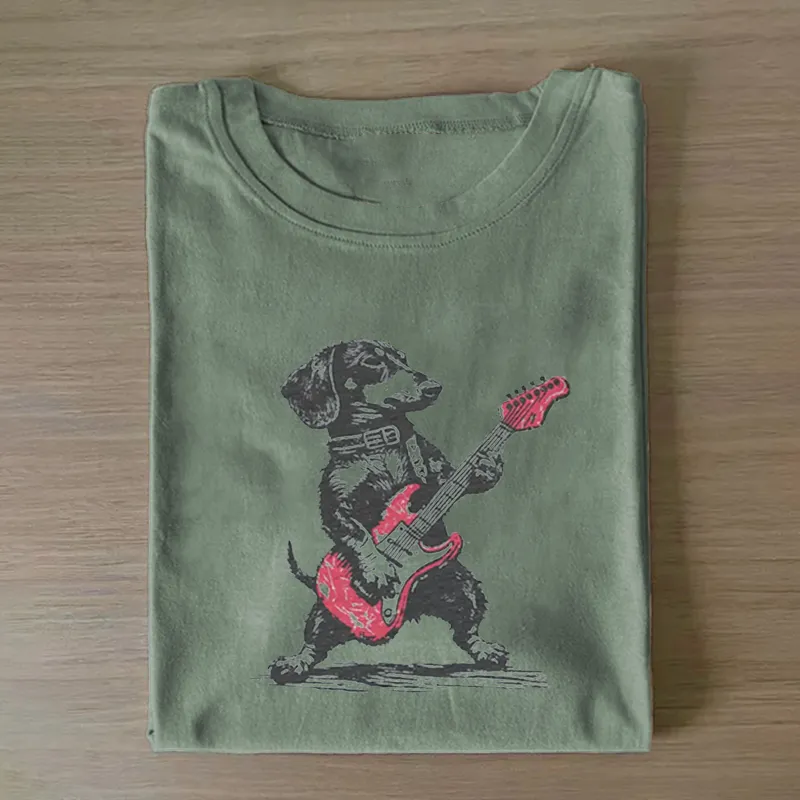 Vintage Dachshund Weenie Playing Guitar T-shirt Vintage Washed DTG Graphic Tee | ZalleStudio