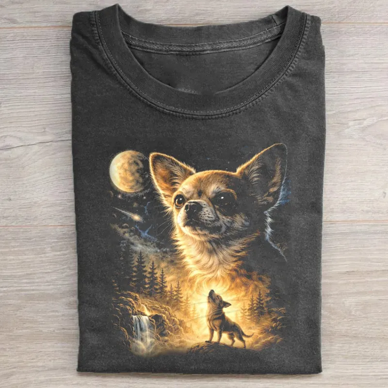 Chihuahua Howling to The Moon Vintage T-shirt Vintage Washed DTG Graphic Tee | ZalleStudio