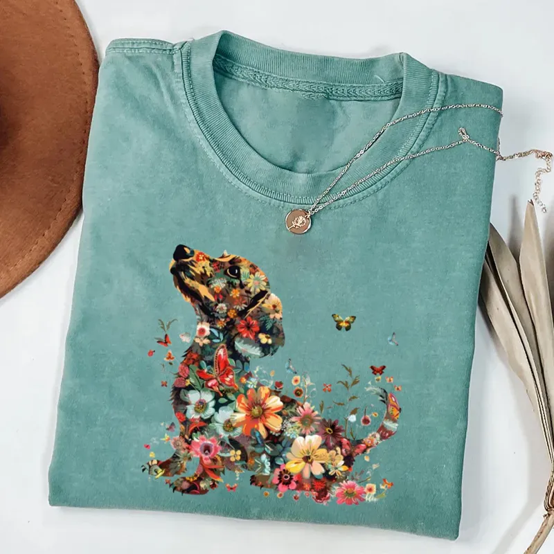 Floral Dachshund T-shirt Vintage Washed DTG Graphic Tee | ZalleStudio