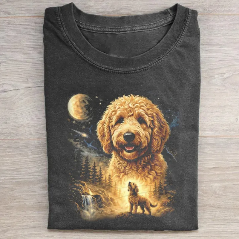 Goldendoodle Howling to The Moon Vintage T-shirt Vintage Washed DTG Graphic Tee | ZalleStudio