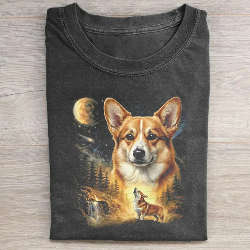 Corgi Howling to The Moon Vintage T-shirt Vintage Washed DTG Graphic Tee | ZalleStudio