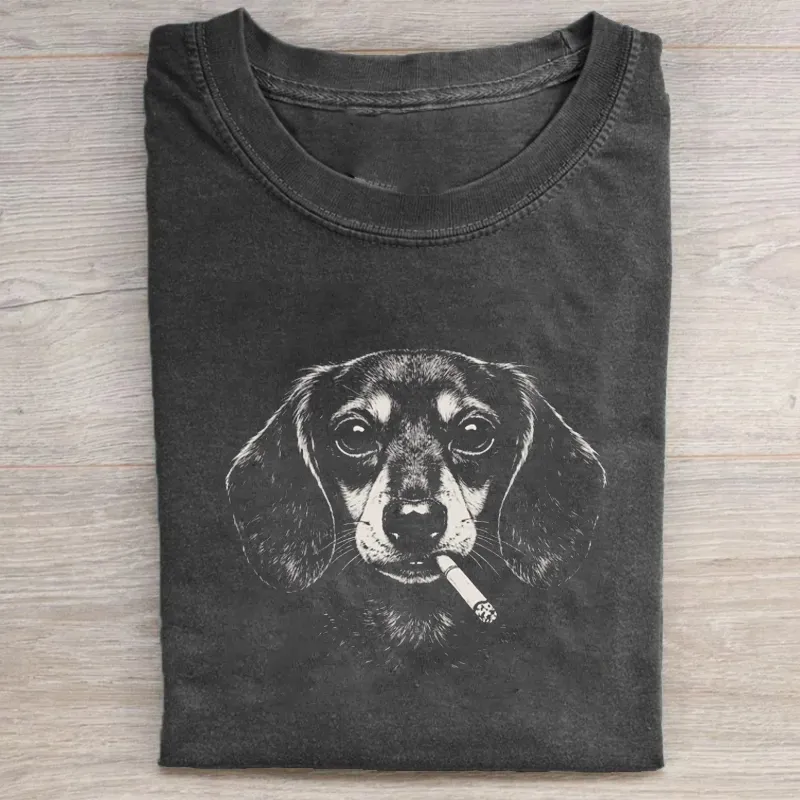 Smoking Dachshund T-shirt Vintage Washed DTG Graphic Tee | ZalleStudio