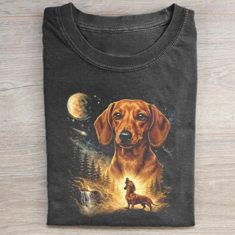 Dachshund Howling to The Moon Vintage T-shirt Vintage Washed DTG Graphic Tee | ZalleStudio