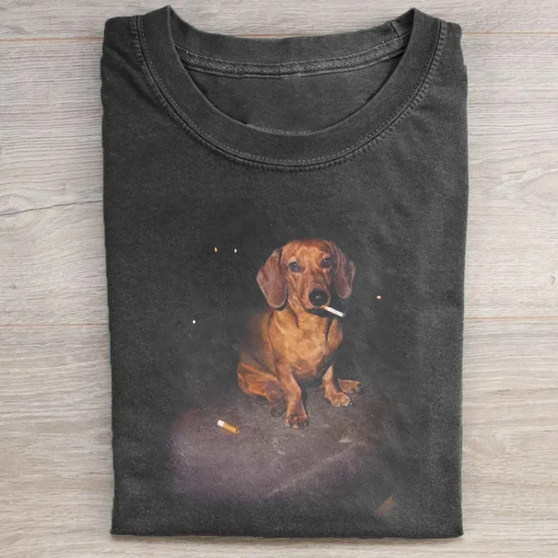 Funny Dachshund Smoking Meme T-shirt Vintage Washed DTG Graphic Tee | ZalleStudio