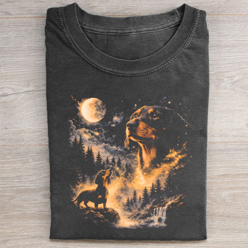 Dachshund Howling to The Moon T-shirt Vintage Washed DTG Graphic Tee | ZalleStudio
