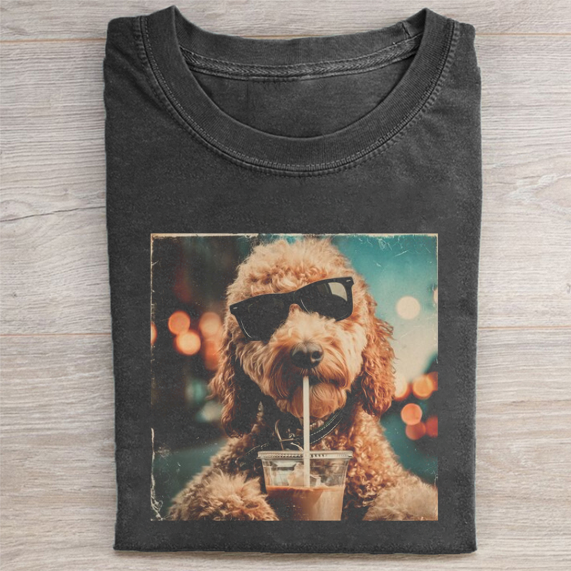Funny Goldendoodle Drinking Iced Coffee T-shirt Vintage Washed DTG Graphic Tee | ZalleStudio