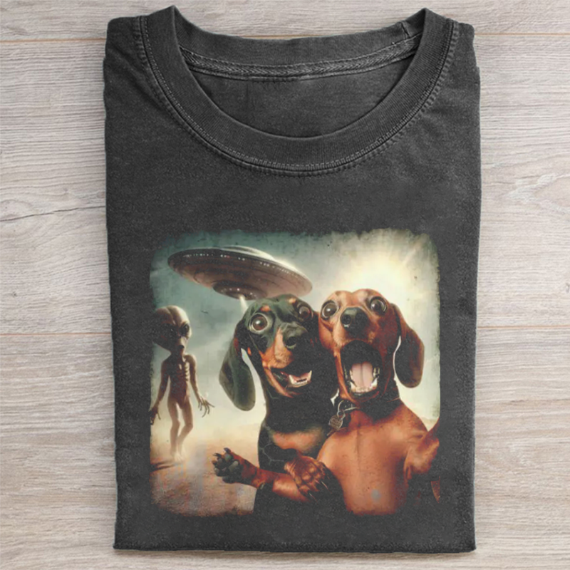 Two Dachshunds Frightened UFO Alien T-shirt Vintage Washed DTG Graphic Tee | ZalleStudio