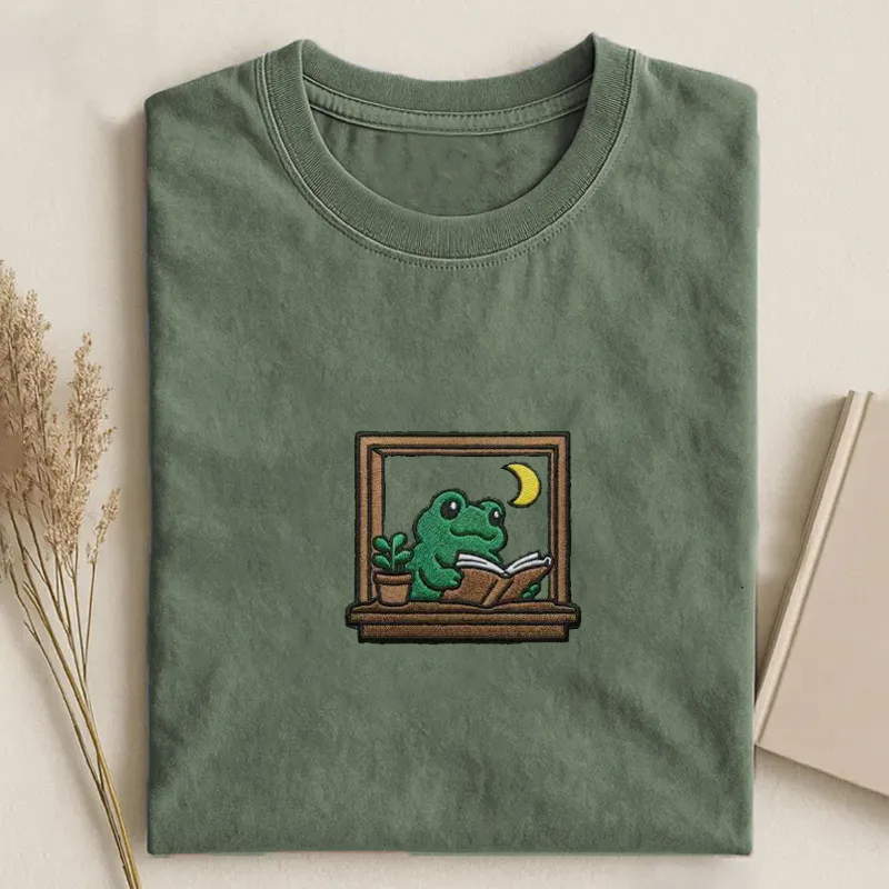 Frog Reading in Window Embroidered T-shirt Vintage Washed DTG Graphic Tee | ZalleStudio