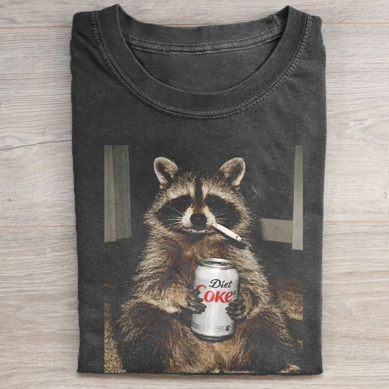 Funny Raccoon Smoking Diet Coke T-shirt Vintage Washed DTG Graphic Tee | ZalleStudio