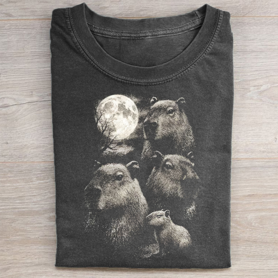 Capybara Full Moon Vintage T-shirt Vintage Washed DTG Graphic Tee | ZalleStudio