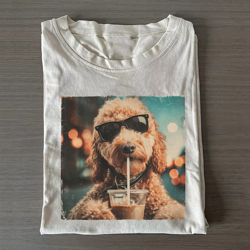 Funny Goldendoodle Drinking Iced Coffee T-shirt Vintage Washed DTG Graphic Tee | ZalleStudio