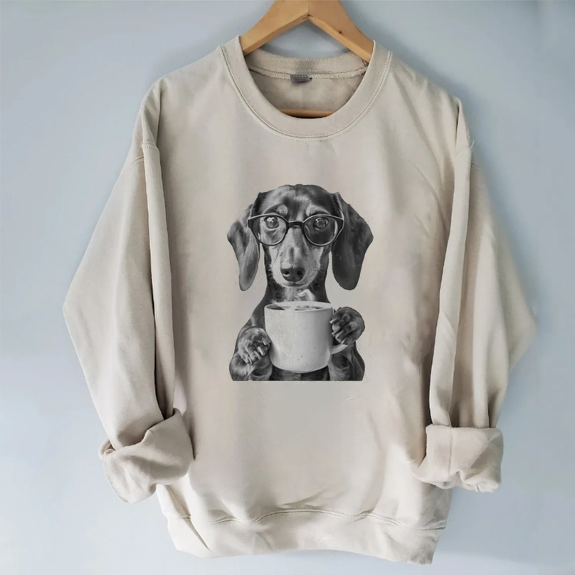 Dachshund Drinking Coffee T-shirt/Sweatshirt Vintage Washed DTG Graphic Tee | ZalleStudio