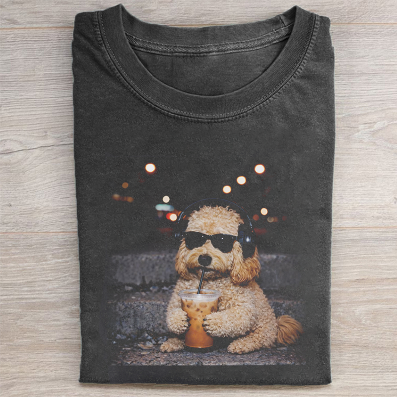 Goldendoodle Drinking Iced Coffee T-shirt Vintage Washed DTG Graphic Tee | ZalleStudio