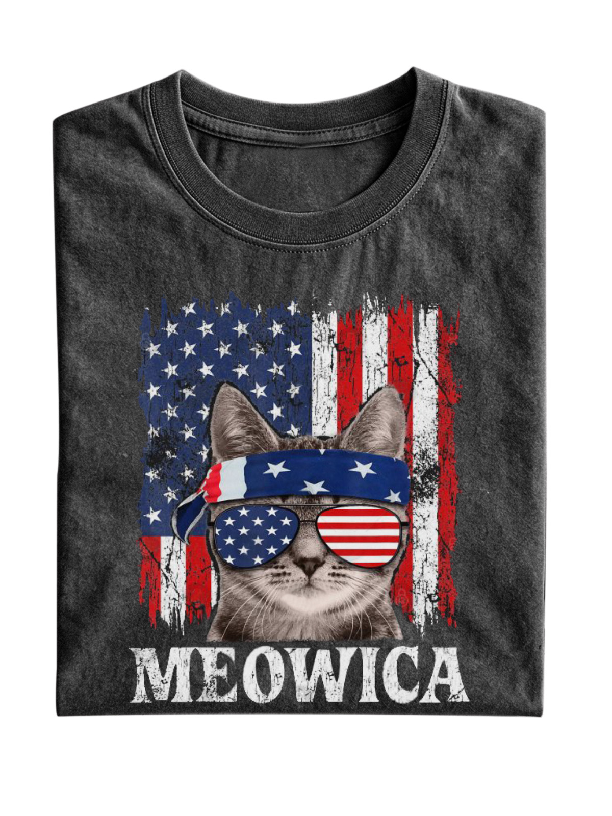 MEOWICA Cat American Flag Cotton Short Sleeve Tee Vintage Washed DTG Graphic Tee | ZalleStudio