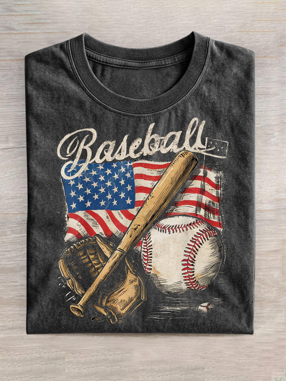 Vintage Baseball American Flag Cotton Short Sleeve T-shirt Vintage Washed DTG Graphic Tee | ZalleStudio