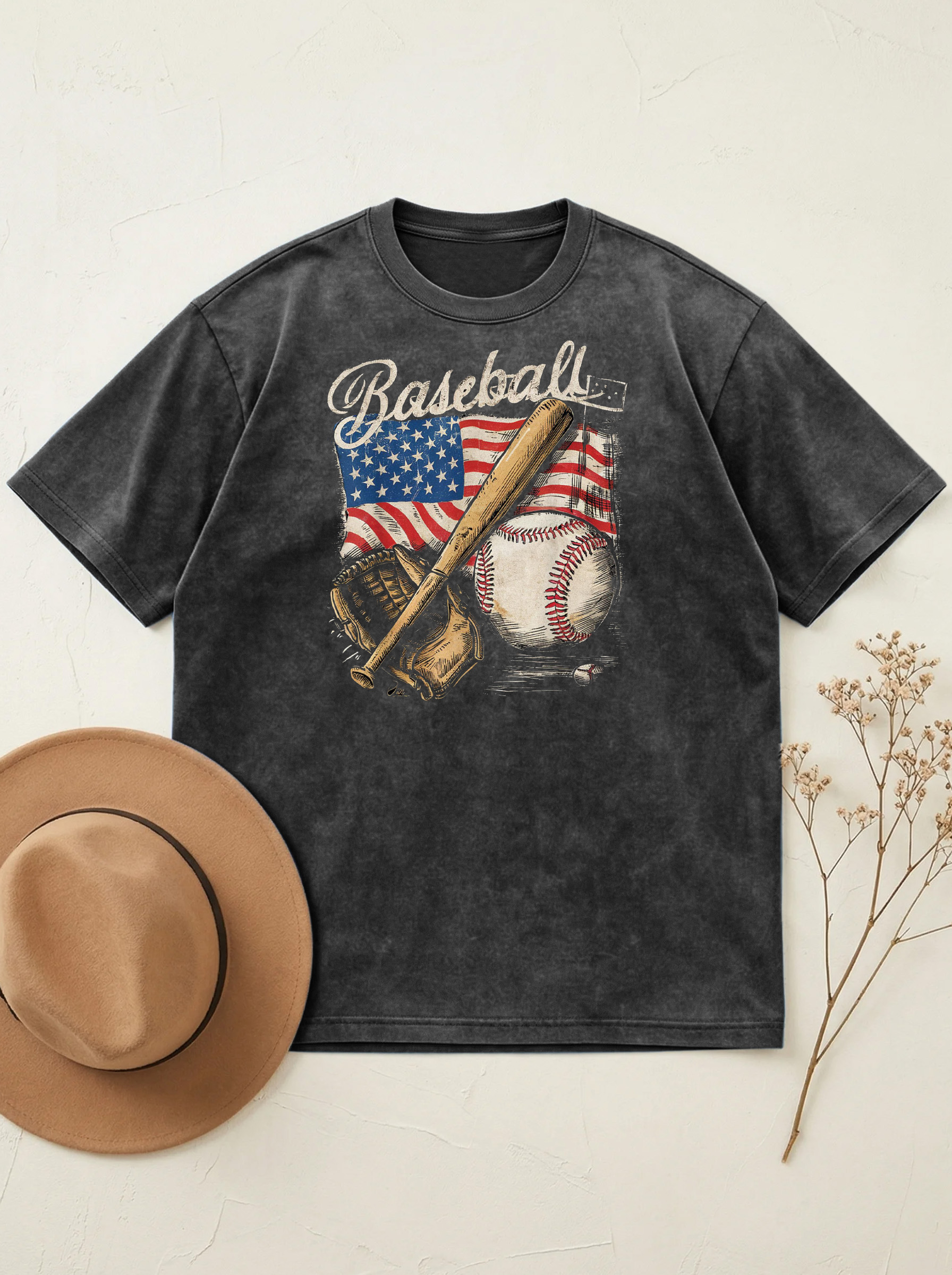 Vintage Baseball American Flag Cotton Short Sleeve T-shirt Vintage Washed DTG Graphic Tee | ZalleStudio