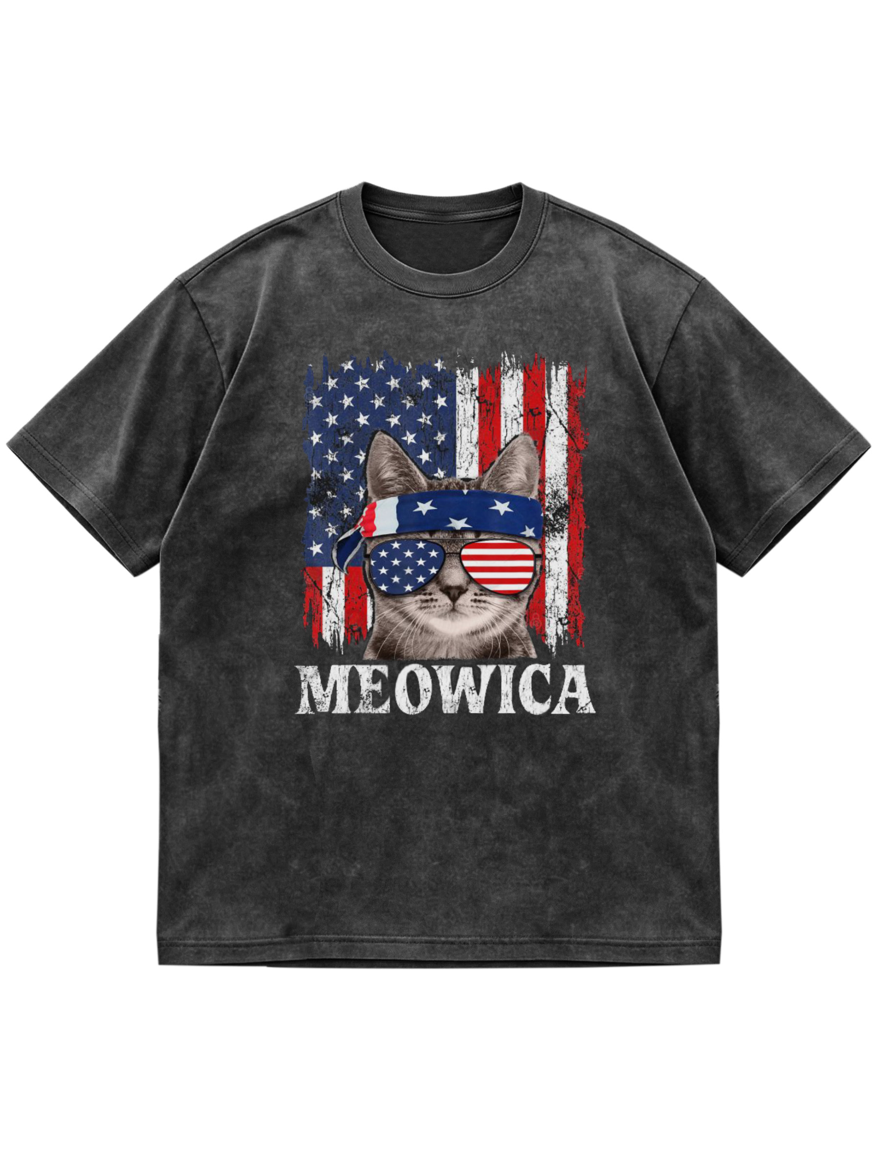 MEOWICA Cat American Flag Cotton Short Sleeve Tee Vintage Washed DTG Graphic Tee | ZalleStudio