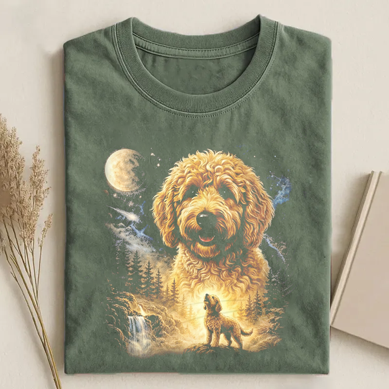Goldendoodle Howling to The Moon Vintage T-shirt Vintage Washed DTG Graphic Tee | ZalleStudio
