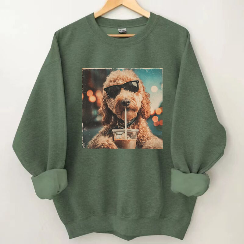 Funny Goldendoodle Drinking Iced Coffee Sweatshirt Vintage Washed DTG Graphic Tee | ZalleStudio