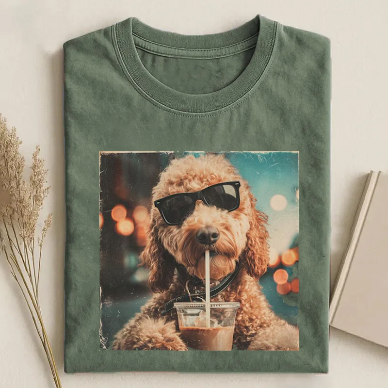 Funny Goldendoodle Drinking Iced Coffee T-shirt Vintage Washed DTG Graphic Tee | ZalleStudio