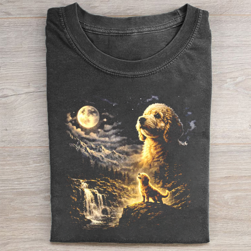Goldendoodle Howling to The Moon T-shirt Vintage Washed DTG Graphic Tee | ZalleStudio