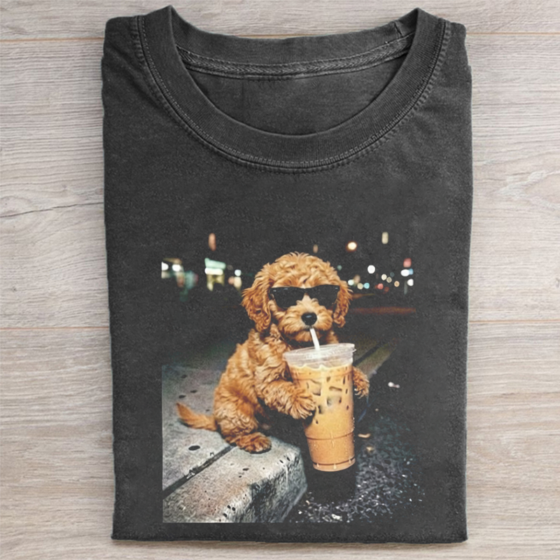 Funny Goldendoodle Drinking Iced Coffee T-shirt Vintage Washed DTG Graphic Tee | ZalleStudio
