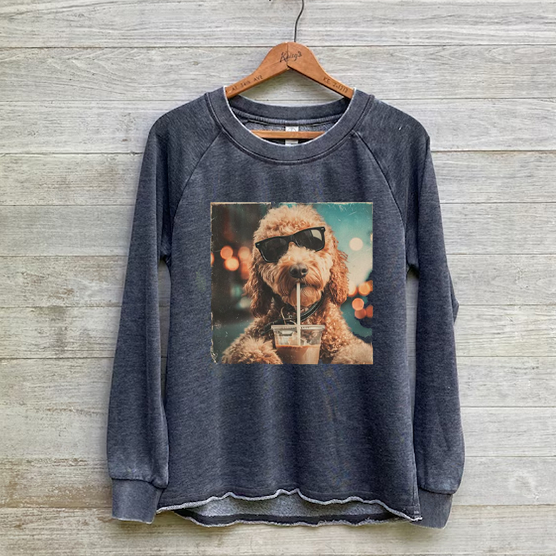 Funny Goldendoodle Drinking Iced Coffee Sweatshirt Vintage Washed DTG Graphic Tee | ZalleStudio