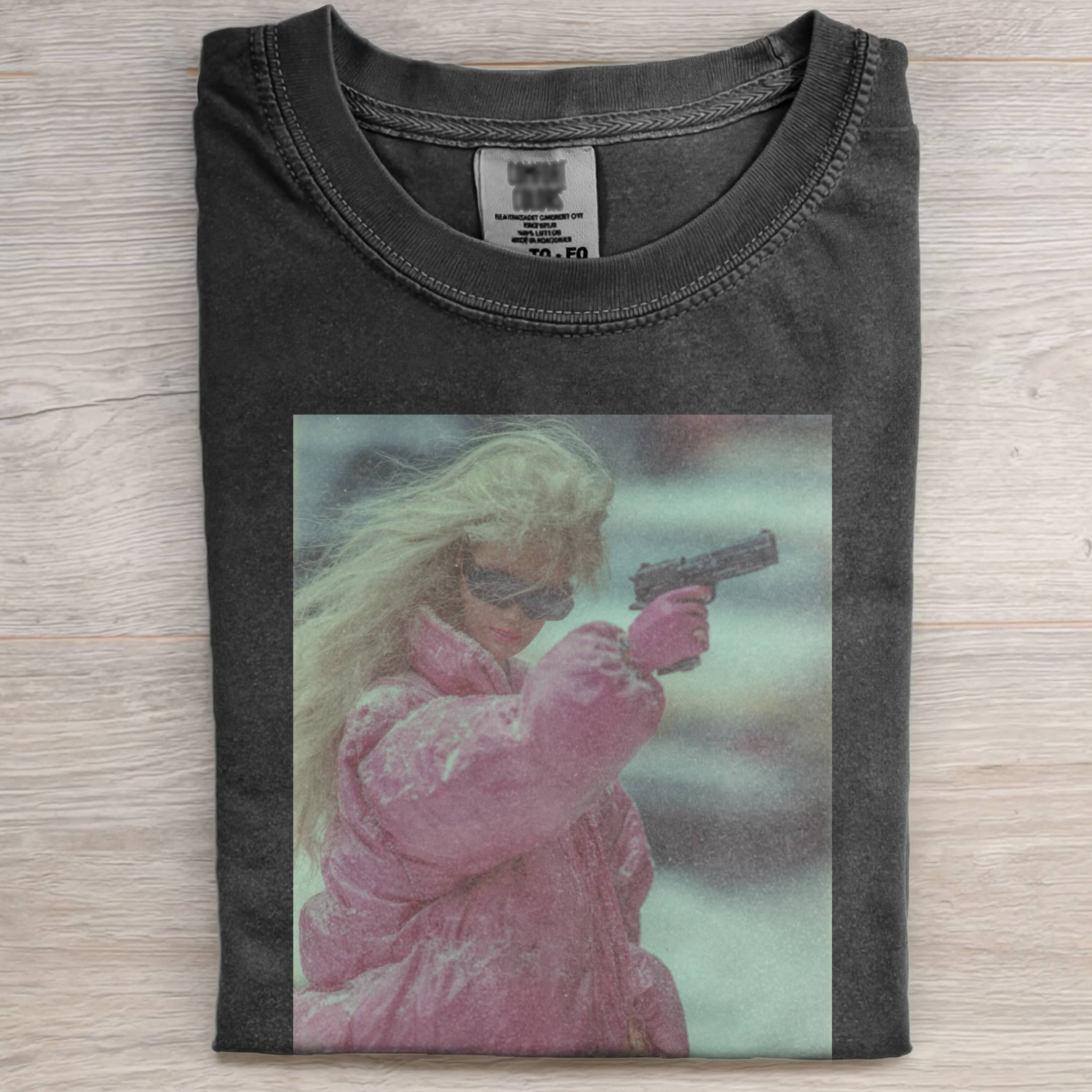 PINK THICK COAT, DOLL FACE WITH A GUN TEE Vintage Washed DTG Graphic Tee | ZalleStudio