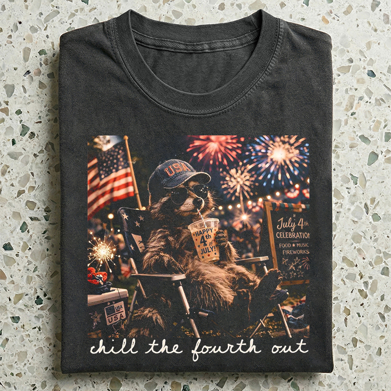 Chill the Fourth Out Raccoon T-shirt Vintage Washed DTG Graphic Tee | ZalleStudio