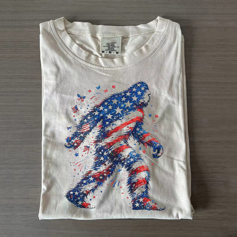 Red White Blue Fireworks Bigfoot T-shirt Vintage Washed DTG Graphic Tee | ZalleStudio