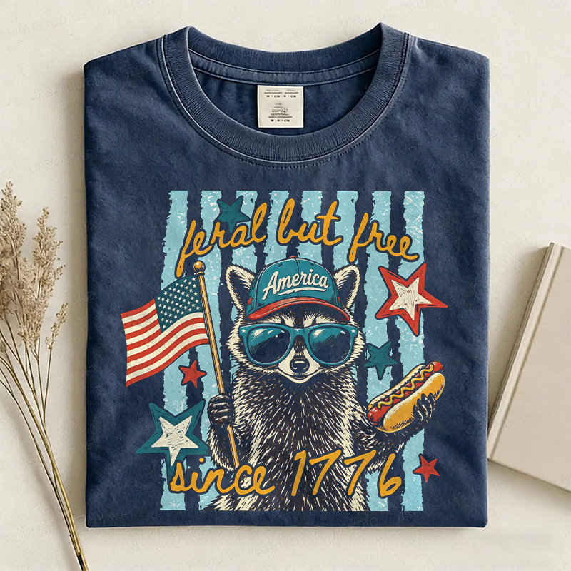 Feral But Free Funny Raccoon T-shirt Vintage Washed DTG Graphic Tee | ZalleStudio