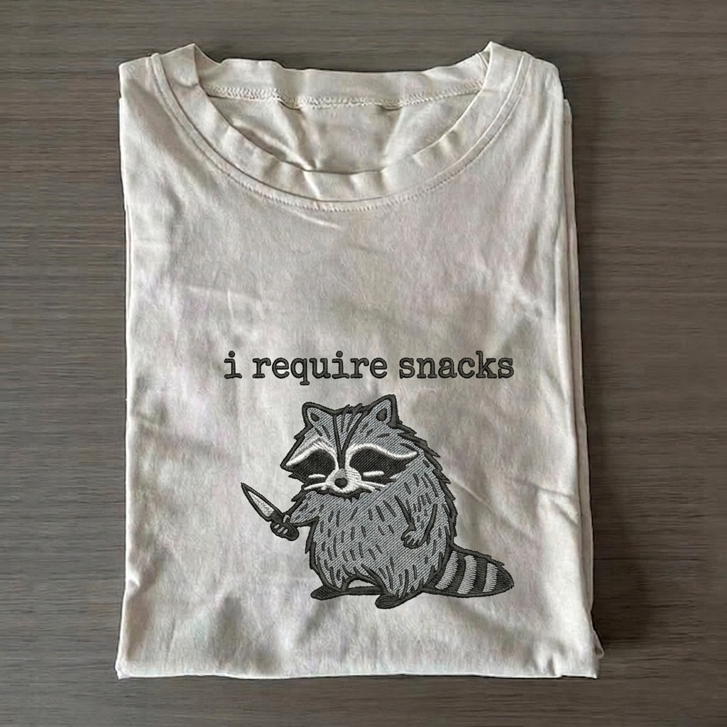 I Require Snacks Embroidered Raccoon T-shirt Vintage Washed DTG Graphic Tee | ZalleStudio