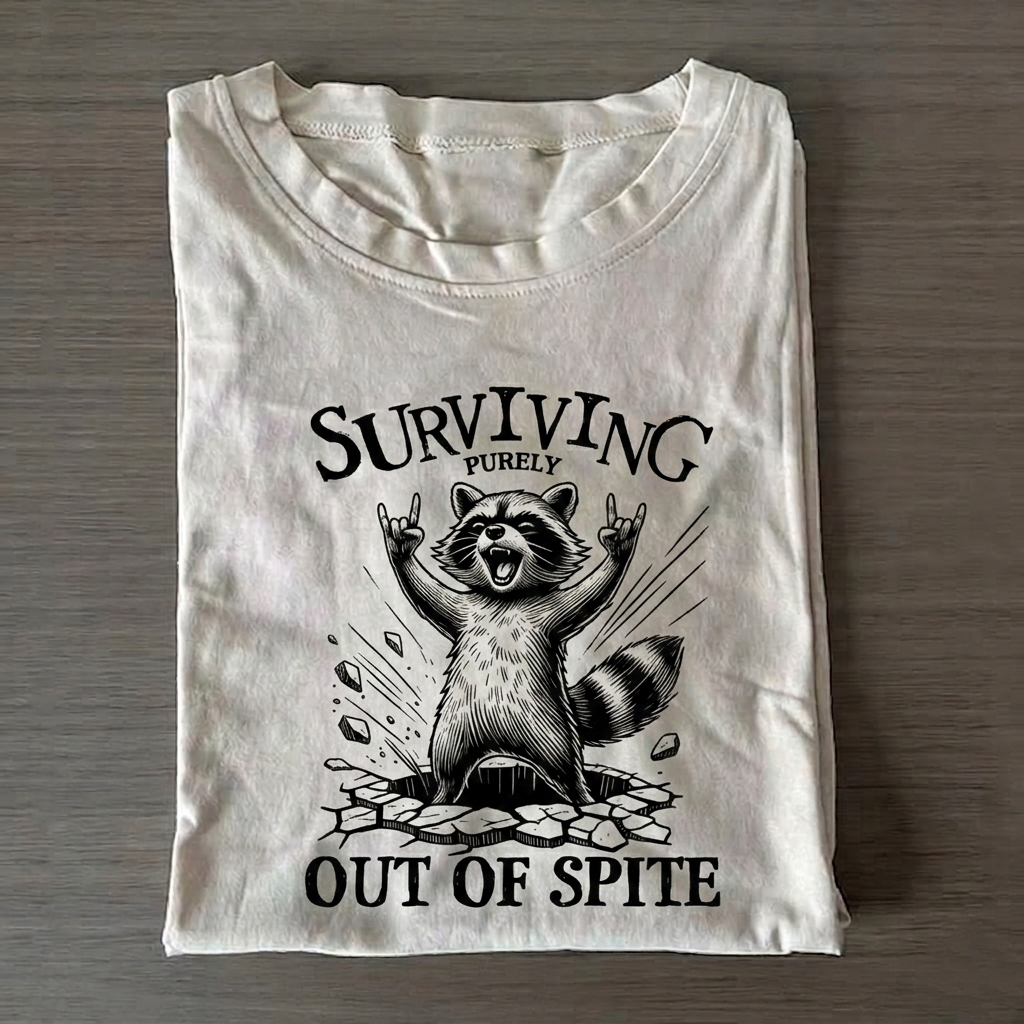 Surviving Purely Out Of Spite Raccoon T-Shirt Vintage Washed DTG Graphic Tee | ZalleStudio