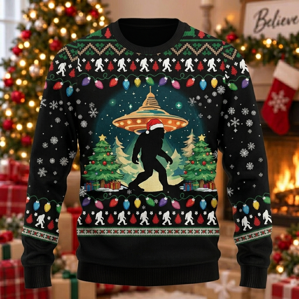 Bigfoot UFO Christmas Black Ugly Sweater